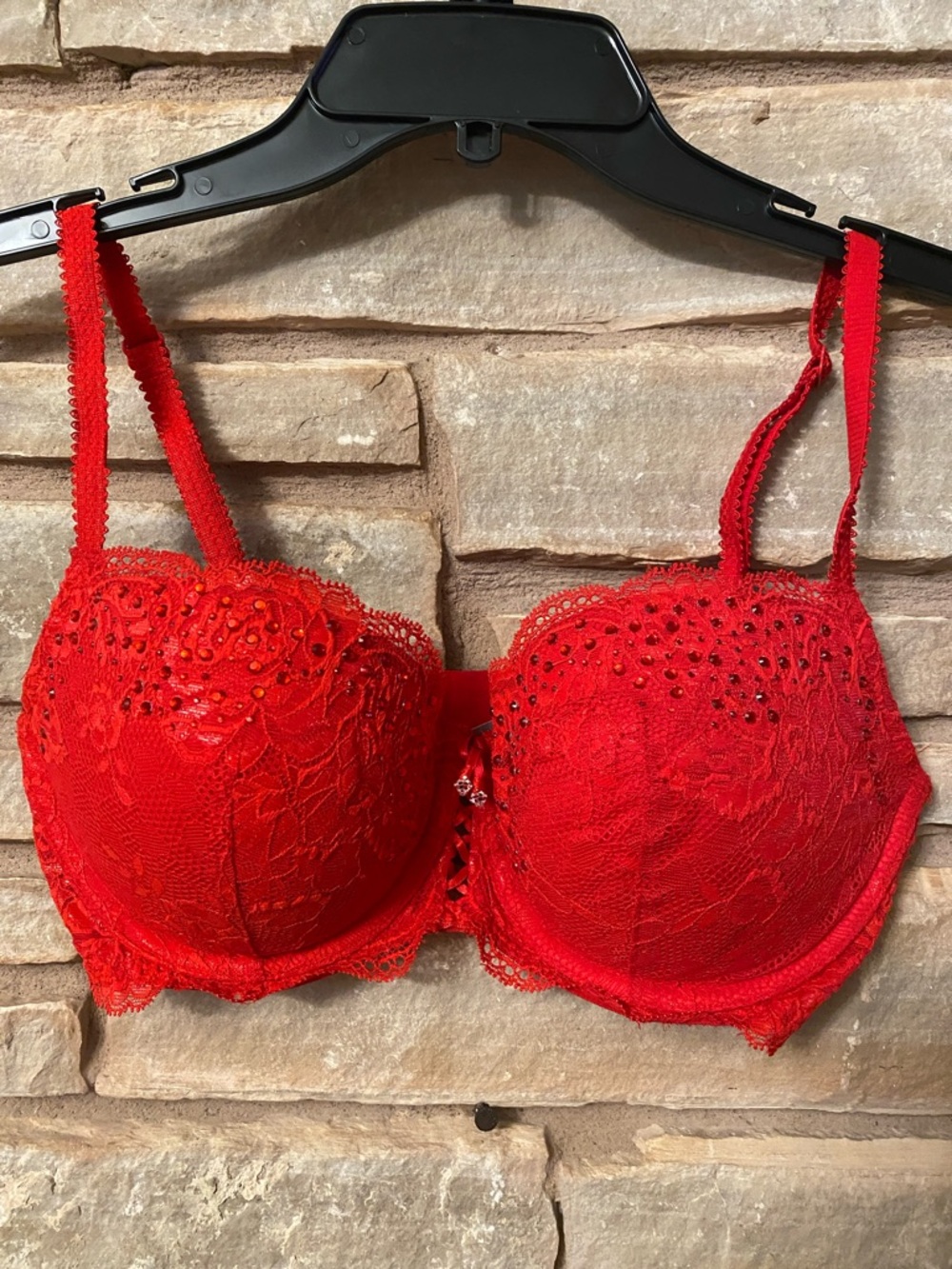 Victoria Secret Very Sexy Red Lace and Rhinestones Balconette Pushup Bra 34D